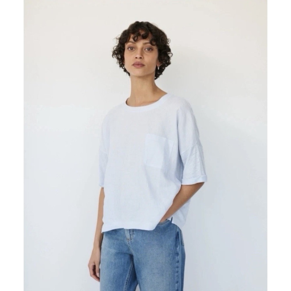 The White Company 100% Linen Mixed Media Oversized T-Shirt Women's L Blue NWOT